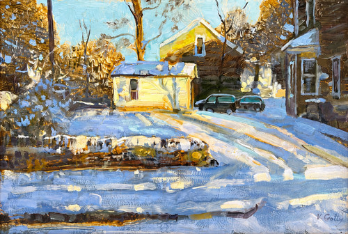 "Original 12x18 horizontal oil on canvas painting titled Winter Sunshine by Vincent Crotty, depicting a snow-covered street and a yellow house under a brilliant, low-angled sun."