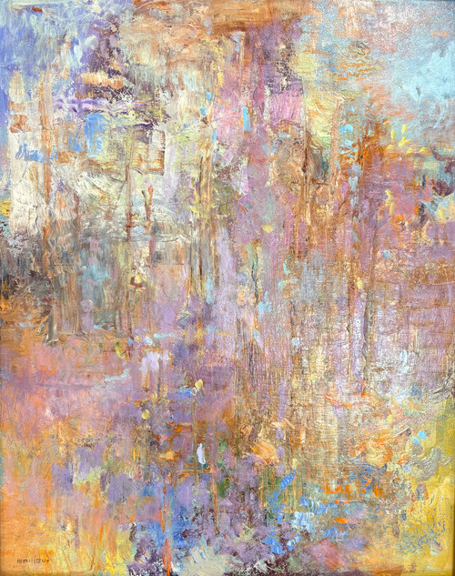 "Calypso" original 16x20 vertical abstract oil painting by Monique Sakellarios showing a textured, shimmering forest clearing in shades of purple, yellow, and blue.