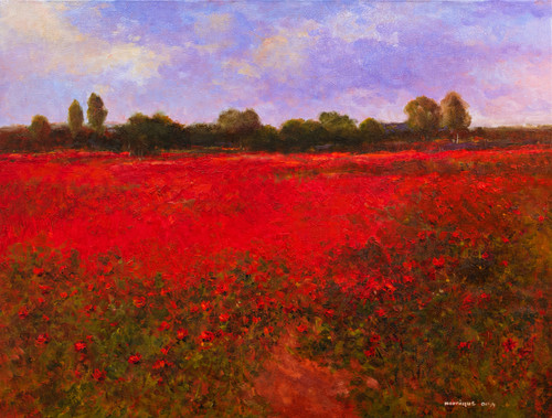 "Original 24x30 large horizontal oil on Masonite landscape painting titled In Love Again by Monique Sakellarios, showing a massive, vibrant field of crimson red poppy flowers under a soft sky."