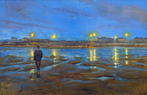Impressionist twilight oil painting of a lone figure on a low tide beach with gold light reflections by Vincent Crotty.