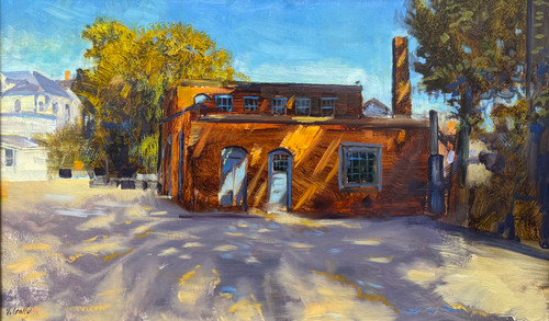 Impressionist oil painting of a sunlit brick factory building with long shadows in Stockbridge Massachusetts by Vincent Crotty.