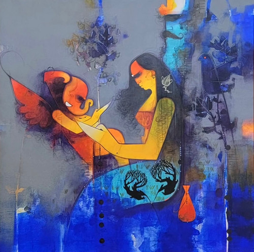 A large mixed-media canvas painting by Amol Pawar depicting a mother cradling a small orange Ganesha against a blue and gray background, with birds.