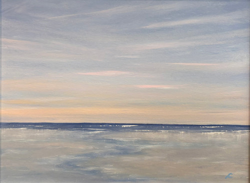 Tonalist oil painting of a calm beach channel at sunrise with peach and periwinkle blue sky reflections by Laurie Weston.