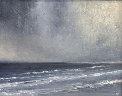 Dramatic oil painting of white-capped waves breaking on a beach under a heavy grey storm sky by Laurie Weston.