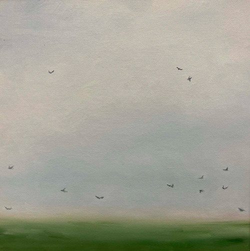 Minimalist square oil painting of a flock of tiny birds flying in a foggy grey sky over a green field by Laurie Weston.