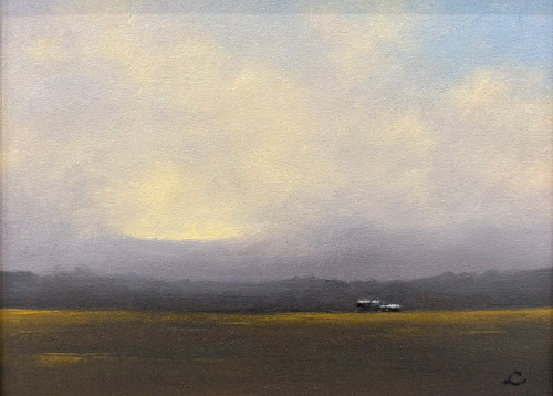 Tonalist oil painting of a dark farm field under a massive stormy grey sky with a golden yellow sunset strip by Laurie Weston.
