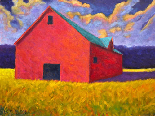 A large original landscape oil painting by Peter Batchelder titled Highfield, depicting a traditional crimson barn on an expansive yellow field under a stormy violet sky.