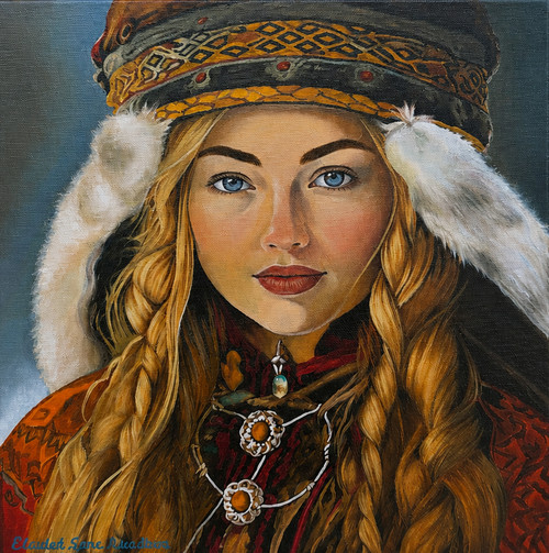 "Original 12x12 square oil on canvas painting titled Finland by Elouise Lane Quadros, featuring a realistic portrait of a blue-eyed young woman in traditional Arctic winter attire and a fur-trimmed hat."