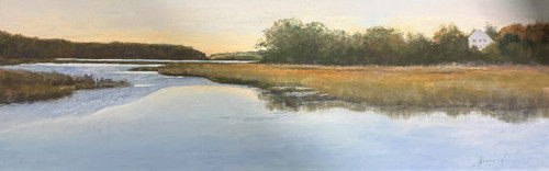 "Awaken" original 12x36 panoramic pastel painting by Sandra Kavanaugh showing a wide tidal river reflecting a pale dawn sky next to golden marsh grass and a white farmhouse