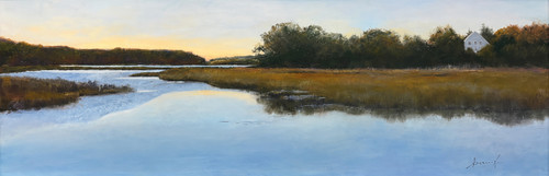 "Original 12x36 panoramic horizontal landscape pastel painting titled Awaken by Sandra Kavanaugh, showing a calm tidal river winding through golden marshes at dawn."