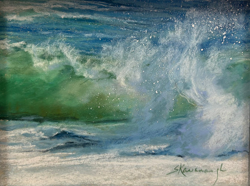 "Sea Escape #11" original 6x8 seascape pastel painting by Sandra Kavanaugh showing a green rolling wave crashing with an explosive vertical spray of white foam on a beach