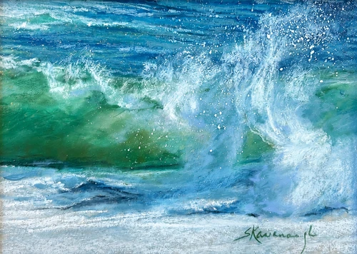 "Original 6x8 horizontal marine pastel on paper painting titled Sea Escape #11 by Sandra Kavanaugh, depicting an explosive white splash crashing over translucent green and blue ocean waves."