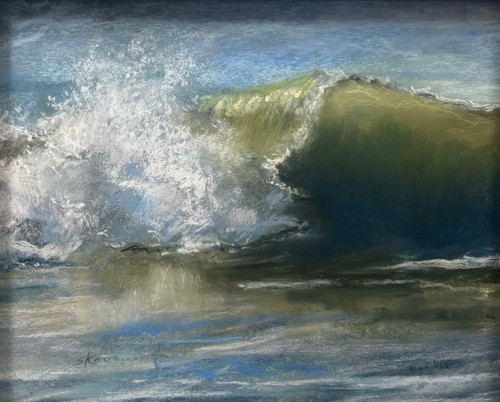 "Summer Splash" original 8x10 seascape pastel painting by Sandra Kavanaugh showing an olive-green curling wave crashing with an explosive spray of white foam.