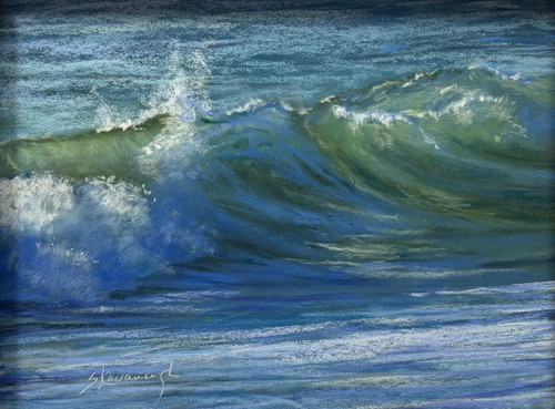 "Jade Reflections II" original 9x12 seascape pastel painting by Sandra Kavanaugh showing a curling, sunlit wave with a translucent jade green barrel and crashing white foam.