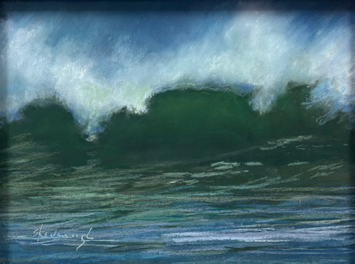 "Emerald Crest II" original 9x12 seascape pastel painting by Sandra Kavanaugh showing a massive breaking wave with a deep emerald green core and white sea foam spray.