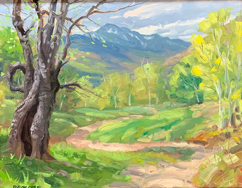 "Green Hill Road" original 16x20 landscape oil painting by Byron Carr showing a large weathered tree framing a dirt path through green fields with a blue mountain background.