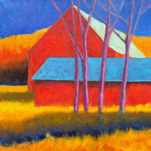 A square contemporary landscape oil painting by Peter Batchelder titled Amber Meadow, depicting brilliant red barns with a blue roof behind bare trees in a golden field under a dark blue sky.