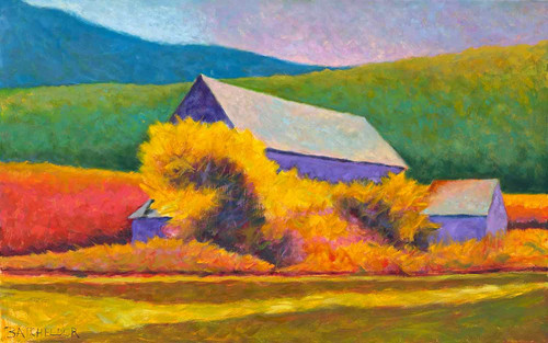 A large panoramic landscape oil painting by Peter Batchelder titled Lowlander, depicting traditional lavender barns nestled behind bright yellow autumn bushes below a teal mountain.