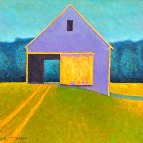 A large square contemporary landscape oil painting by Peter Batchelder titled Open Air, depicting a traditional lavender barn with an open doorway on a green field beneath a turquoise sky.