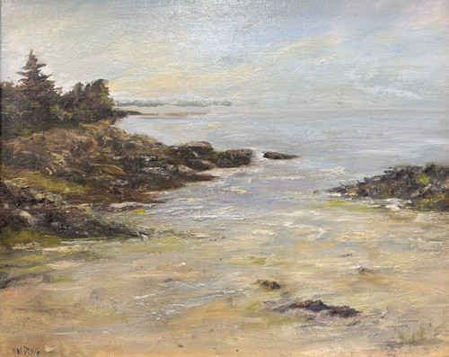 Impressionist oil painting of a rocky Maine cove with evergreen trees and shallow water by Marilyn Farnsworth Wendling.