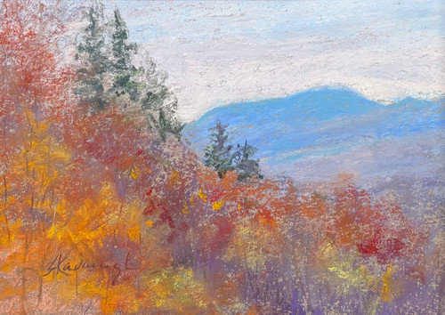 "White Mountain View #5" original 6x8 soft pastel landscape painting by Sandra Kavanaugh showing a fiery orange and gold autumn hillside with evergreen trees and a blue mountain peak in the background