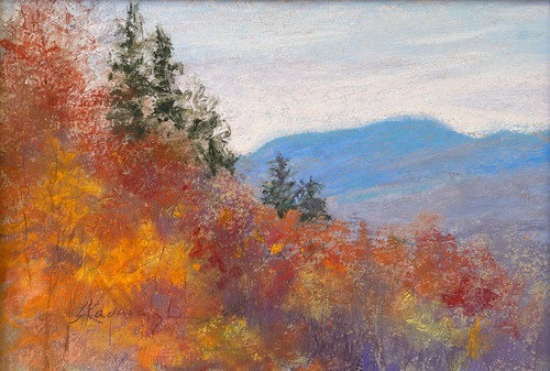 "Original 6x8 horizontal landscape pastel on paper painting titled White Mountain View #5 by Sandra Kavanaugh, showing vibrant autumn foliage beneath a bright blue mountain peak."