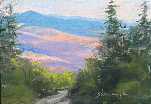 "White Mountain View #4" original 6x8 soft pastel landscape painting by Sandra Kavanaugh showing a high-altitude mountain valley view in peach and blue framed by dark evergreen trees.
