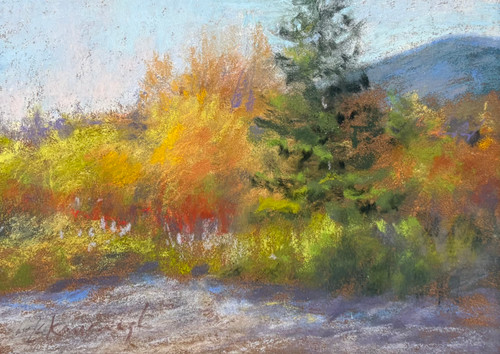 Alt Text for Image: "White Mountain View #10" original 6x8 soft pastel landscape painting by Sandra Kavanaugh showing bright orange and gold autumn trees next to an evergreen with a blue mountain background.