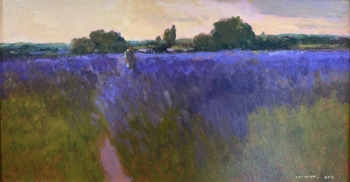 Wide horizontal impressionist oil painting of an expansive purple lavender field under a gold sunset sky by Monique Sakellarios