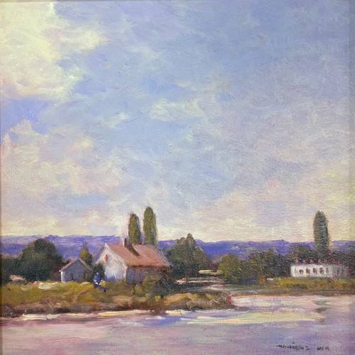 Square impressionist oil painting of a white cottage with a red roof on a river under a blue cloud sky by Monique Sakellarios.