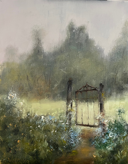 Impressionist oil painting of an open antique iron gate surrounded by wildflowers in a foggy meadow by Marilyn Farnsworth Wendling.