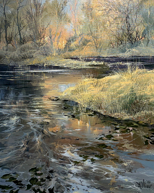 Detailed acrylic painting of a winding river with water lilies reflecting a golden forest by Doug Oliver.