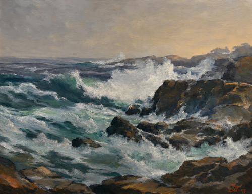 "Original 21.5 by 27.5 inch ocean seascape oil painting titled Sea Turn by Roger Deering, depicting crashing white waves against a rugged New England rocky coastline."