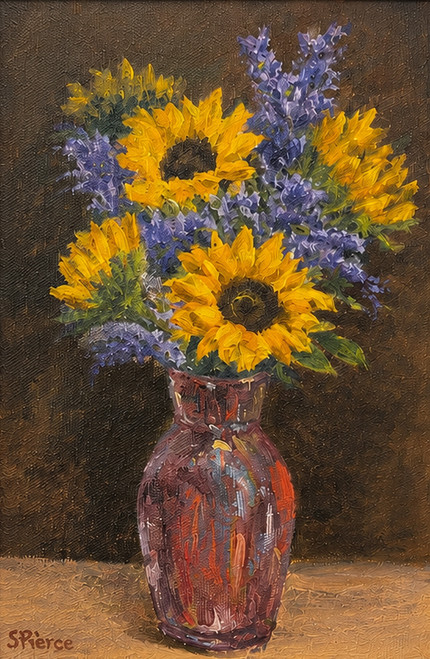 "Original 6x8 vertical oil on canvas still life painting titled Sunshine in a Vase by Jeanne Pierce, depicting a vibrant bouquet of sunflowers and purple wildflowers in a glossy dark vase."
