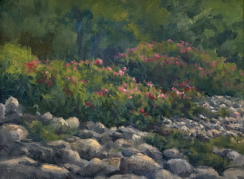 "Original 9x12 horizontal oil on canvas impressionist landscape painting titled Beach Roses and Rocks by Jeanne Pierce, showing a rocky shoreline topped with blooming pink wild roses."