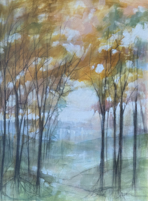 Vertical abstract acrylic painting of yellow autumn trees framing a misty blue and green valley view by Cathryn Cooper.