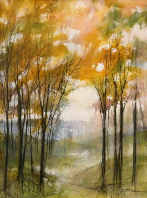 Vertical abstract impressionist acrylic painting of sunlit gold trees and thin dark vertical trunks in a forest by Cathryn Cooper.