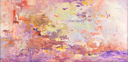 "Original 12x24 horizontal oil on copper panel painting titled Exodus by Monique Sakellarios, featuring a highly textured, luminous abstract landscape in shades of lavender, rose, and shimmering gold."