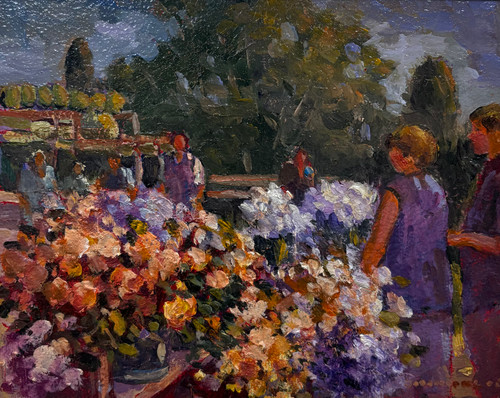 Impressionist oil painting of a busy open air city flower market stall with pink and white blossoms by Monique Sakellarios.