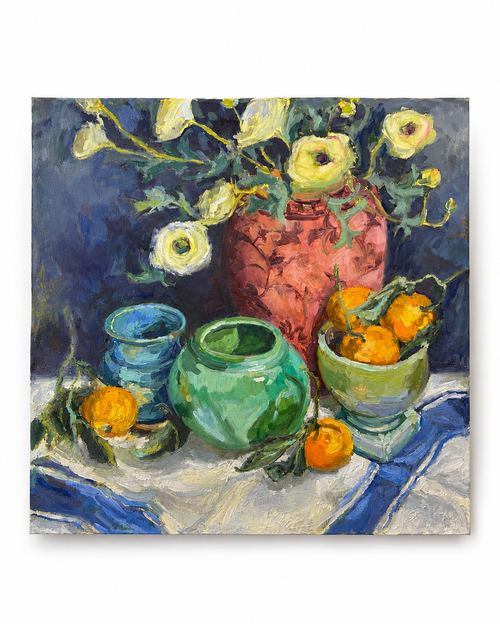 "A Quiet Feast of Flowers and Fruit" - 18" x 18" Oil on Linen