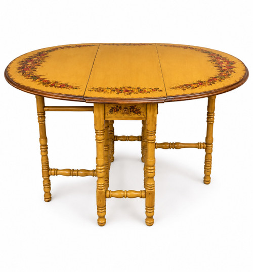Antique Gateleg Drop-Leaf table, hand-painted fruit garland border by Imperial Furniture