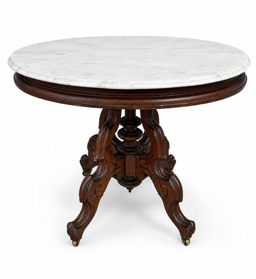 Antique Rococo-Victorian oval marble-top parlor table, circa 1870–1880.