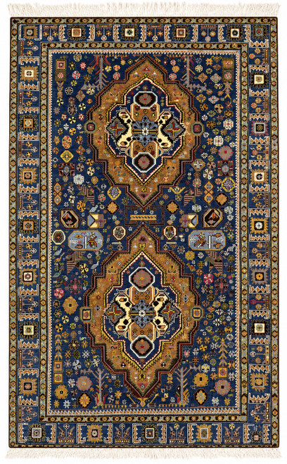 4.5'x8' Hand-Knotted Wool -Silk blend Vintage Qashqai Tribal Carpet