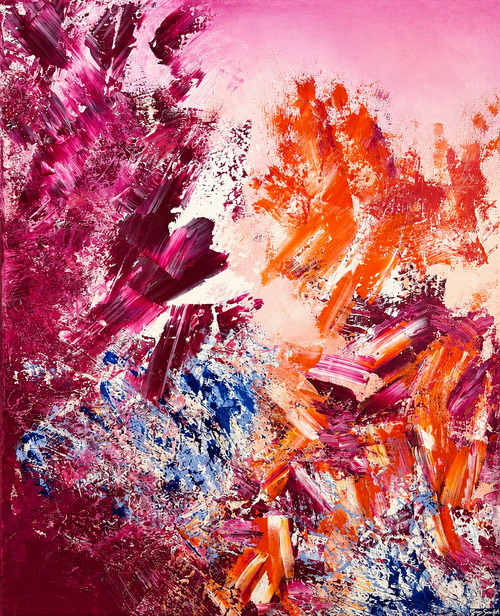 Large vertical abstract expressionist painting with thick pink, orange, and blue palette knife strokes by Grace Scarlet