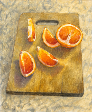 Color pencil drawing of sliced blood orange segments on a wooden cutting board by Lois DeWitt.