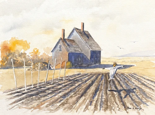 Framed horizontal watercolor painting of a scarecrow in a plowed brown field before an old gray farmhouse by John E. Harris.