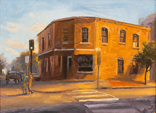 "Original 12x16 horizontal oil on canvas cityscape painting titled Central Square - Cambridge, MA by Vincent Crotty, depicting a sun-drenched brick corner building and street pedestrians at dusk."