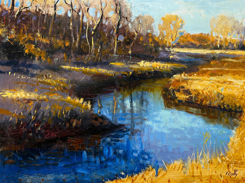 Horizontal impressionist oil landscape painting of a blue river winding through golden marsh grass under trees by Vincent Crotty.
