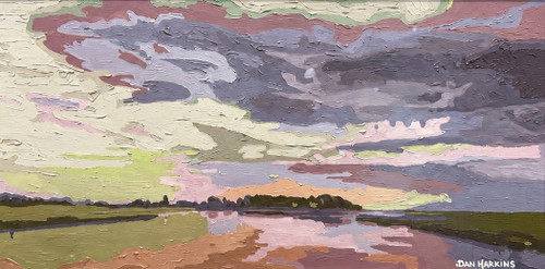 Wide horizontal panoramic impressionist oil painting of a purple river winding through a green marsh under a gray and pink twilight sky by Dan Harkins