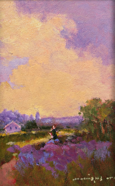 Small vertical impressionist oil painting of a person walking through a purple field toward a house under a cream and pink sky by Monique Sakellarios.